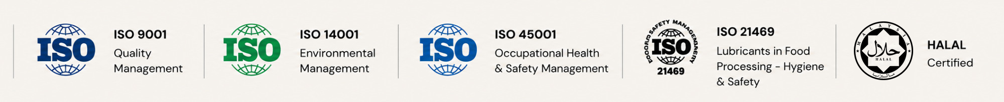 Certified Standards and Compliance - ISO 9001, ISO 14001, ISO 45001, ISO 21469, Halal