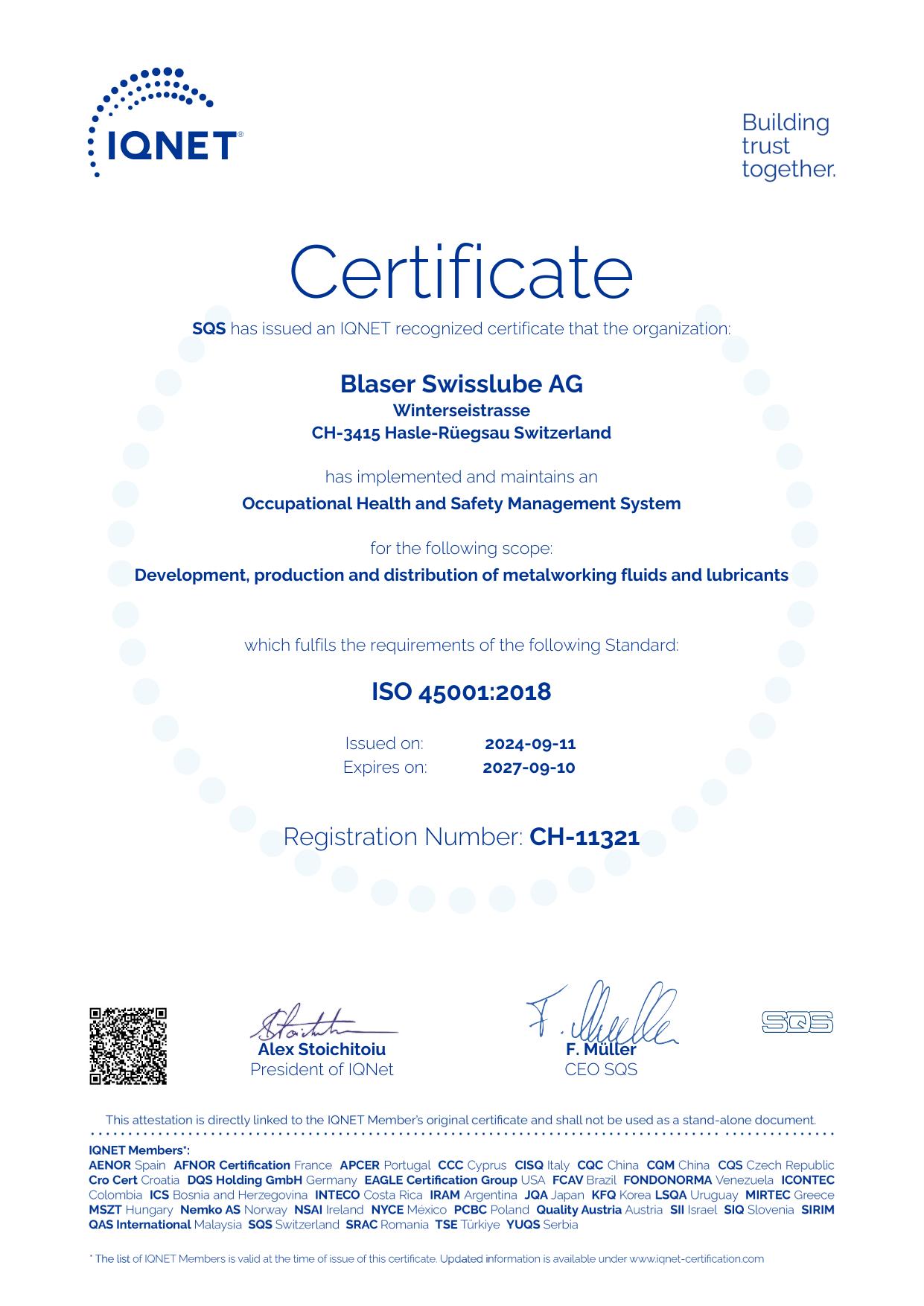 IQNet Certificate — Health & Safety